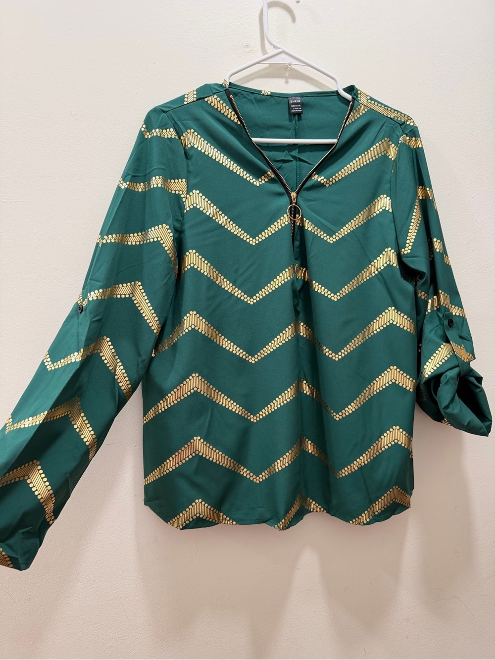 Emerald Green Chevron Metallic Accent V-Neck Blouse